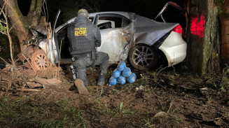 Após furar bloqueio, homem bate carro em árvores e é preso pelo DOF com maconha