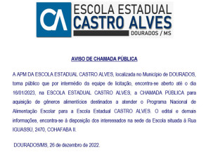 Aviso de chamada pública da Escola Estadual Castro Alves