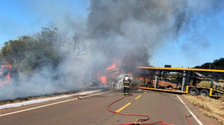 Motorista morre carbonizado em colisão entre caminhões na MS-338