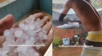 Morador coleta granizo durante temporal em bairro da Capital