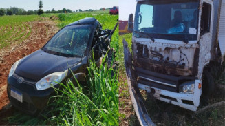 Motorista fica em estado grave ao ter carro atingido por caminhão