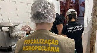 Fiscais no açougue que comercializava carnes impróprias para consumo (Foto: Divulgação/Procon/MS)
