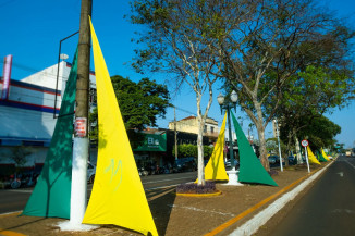 Flâmulas para decoração do desfile são pichadas em Dourados