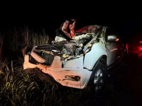 Caminhonete ficou completamente destruída com a força do impacto (Foto: Nova News)