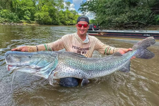 Pescador esportivo Bruno Girotto exibe um dos pintados fisgados no Rio Dourados. (Foto: rede social)
