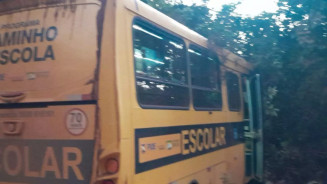 Micro-ônibus escolar com 18 alunos sai da pista e bate em barranco