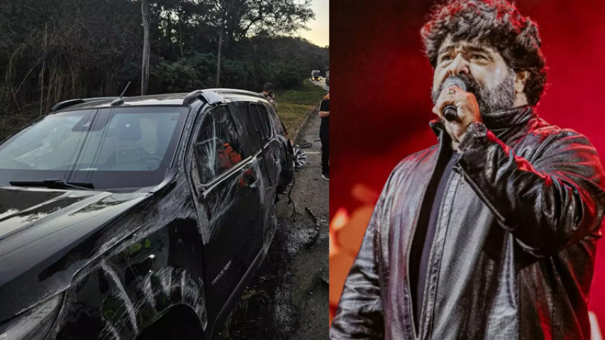 Carro do cantor ficou destruído - (Fotos: Corpo de Bombeiros, Divulgação e Reprodução das Redes Sociais)