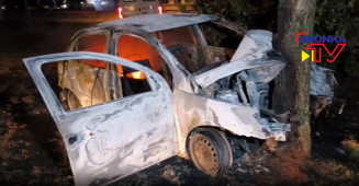 Carro pegou fogo após bater na árvore - Foto: Reprodução/Sidnei Bronka/Ligado Na Notícia
