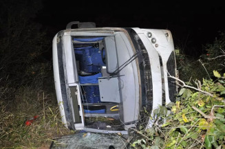 Ônibus capotado ficou tombado na vegetação às margens da rodovia (Foto: O Correio News)