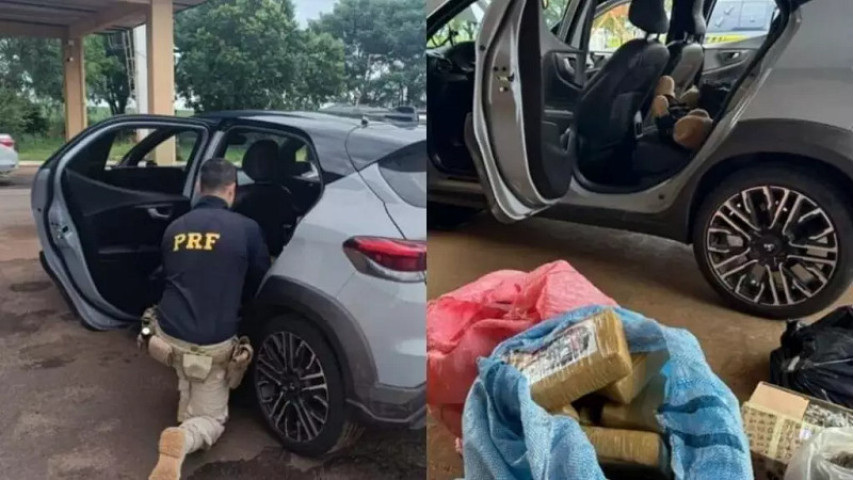 Na inspeção minuciosa do veículo, os policiais localizaram 63,1 quilos de maconha e outros 9,4 quilos de skunk, escondidos no assoalho traseiro e no porta-malas - Foto: Alvorada Informa