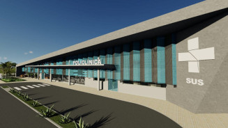 Croqui do projeto arquitetônico da Policlínica Regional de Dourados que será construída em parceria entre a prefeitura e o governo federal. Reprodução/Assecom