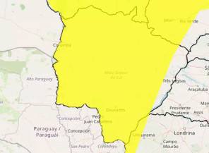 Área em amarelo sob risco de chuva intensa até o fim de domingo (Arte: Inmet).