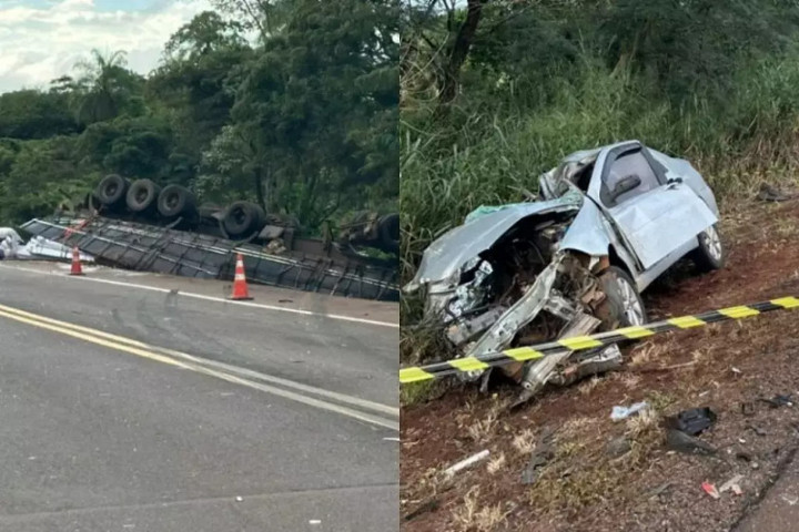 Carreta e Fiat Sienna ficaram destruídos na BR-163. (Foto: Alvorada Informa)