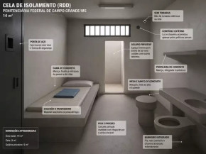 Cela de isolamento nas unidades do Sistema Penitenciário Federal, com área individual para banho de sol (Foto: Simulação feita por IA)