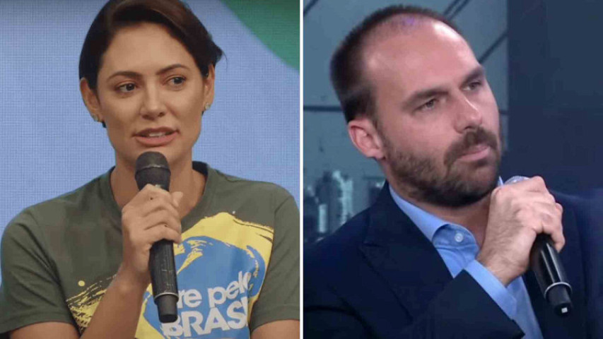 Ex-primeira-dama Michelle Bolsonaro e Eduardo Bolsonaro. (Montagem: Reprodução, Redes Sociais)